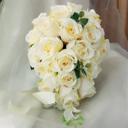 Ivory Rose Artificial Bridal Cascading Buquet Bride Wedding Flowers Silk Ribbon Buque de Noiva Party Supplies 274J