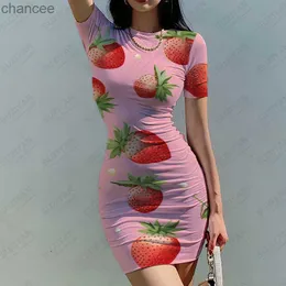 Basic Casual Dresses Summer Ladies Slim Dress Strawberry 3D Printed Dress Refreshing Simple Dress Round Neck Temperament Fashion Dress LST230904