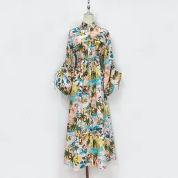 Casual Dresses Fyion Summer Vacation Floral Print Dress Lång ärm Löst enstaka bältesbälte Midja krympande banan Bomull 2023