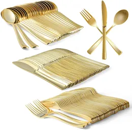 Decorative Objects Figurines Gold Silver Rose Plastic Cutlery Knives Forks Spoons Napkins Tablecloth Disposable Party Supplies 230901