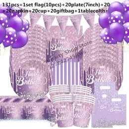 Obiekty dekoracyjne figurki fioletowy motyw urodzinowy Zestaw stołowy Zestaw naczyń szczęśliwej serwetki dla dorosłych królowa księżniczka wystrój imprezowy Dziewczyny 230901
