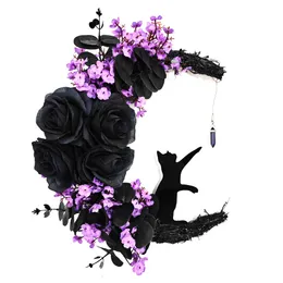 Andra evenemangsfestleveranser Halloween Moon Cat Flower Wreath Door Hanging Decorations Simulate Black Rose Rattan Circle Atmosphere Decorations Garland 230904