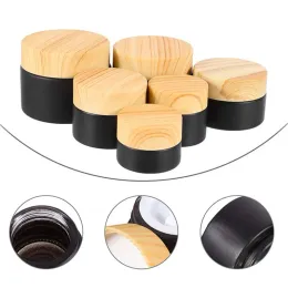 wholesale 5g 10g 15g 20g 30g 50g Black Frosted Glass Jar Cream Bottle Cosmetic Jars Packing Container with Plastic Wood Grain Cover ZZ