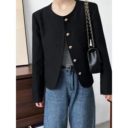 Women's Jackets Solid Metal Button Black Tweed Jacket Coat Women's Korean Style Simple Outwear Chic Top 230901