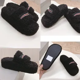 WOMENS FURRY PLATFORM SANDAL IN BLACK 762826 fake shearling white and red embroideries decoration famous brand plush sandals winter sandals mules Indoor outdoor