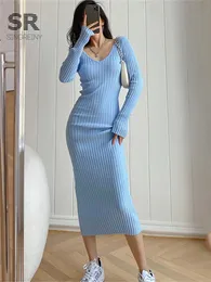 Grundläggande casual klänningar Singreiny Women Höst stickad klänning V Neck Sexig smal elastisk överdimensionerad kroppskontröja Vinterstick var varm lång 230904