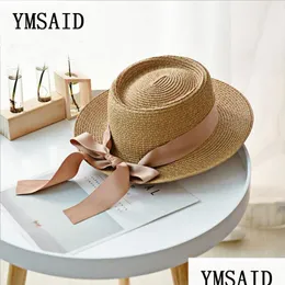 Breda brimhattar yMsaid Summer Sun Hat Fashion Girl St Ribbon Bow Beach Casual Flat Top Panama Bone Feminino 220318 Drop Delivery Access DHSCL