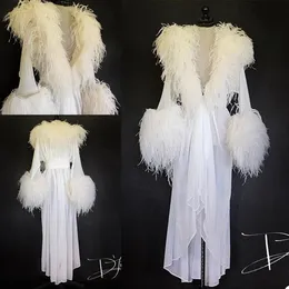 Luxo branco penas pele mulheres inverno quimono festa grávida sleepwear roupão de maternidade chiffon camisola pogal vestido robe s196a