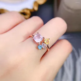 Cluster Rings Natural Gemstone Rose Quartz Ring With Citrine Blue Topaz Sterling Silver Engagement For Women Gift