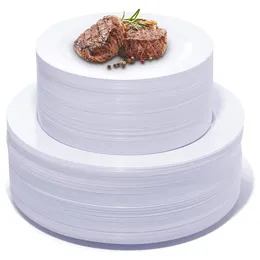 أدوات مسطحة يمكن التخلص منها أبيض جولة بلاستيكية لوحات عشاء قابلة للتصرف في مقبلات الحفلات الصلبة لحفل الزفاف 230901