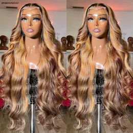 Vurgulama insan saçı 13x4 dantel frontal peruk kadınlar için insan saç perukları 30 inç bal sarışın vücut dalgası dantel ön peruk sentetik