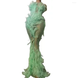 Stage Wear Green Floor-Length Feather Dresses Sleeveless Sequins Decoration Theatrical Costume For Women Performance Suit