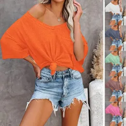 Women's T Shirts Womens Short Sleeve Blouse Summer Casual V-Neck Waffle Tee Solid Color Loose Tops