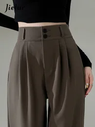 سروال نسائي Capris Jielur High Weist Wide Leg Pants للنساء سراويل القهوة المستقيمة على التوالي أزرار الخريف المزدوجة