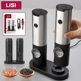 Mills Electric Salt and Pepper Grinder Automatisk USB -uppladdningsbar rostfritt stål Justerbar grovhet Spice Mill med LED -ljus 230901