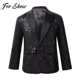 ジャケットキッズボーイズファッション光沢のあるスパンコールスーツ1つのボタンジャケットコート結婚式の誕生日パーティーステージパフォーマンス230904のためのブレザータキシード