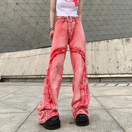 Kvinnors jeans vintage tvättade råa kant mode hög midja avslappnade byxor breda ben kvinnor y2k streetwear baggy rosa byxor