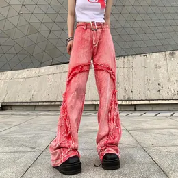 Women's Jeans Vintage Washed Raw Edge Fashion High Waist Casual Trousers Wide Leg Women Y2k Streetwear Baggy Pink Pants