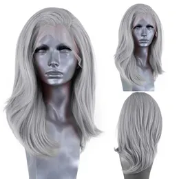 Dantelli peruklar Aimeya gümüş dantel ön peruk omuz uzunluğu açık gri doğal peruk glueless ısıya dayanıklı sentetik saçlar kısa peruklar 230901