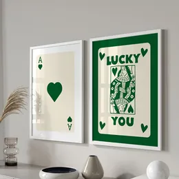 Paintings Poster Poker Kartu Ace Retro Trendi Nordic Lukisan Kanvas Seni Dinding Huruf Hijau Gambar Lucky You untuk Ruang Tamu Dekorasi Modern 230904