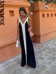 Basic Casual Dresses XNWMNZ Women's Fashion 2023 Contrast Slip dress Women Vacation Style V-Neck Wide Strap Loose Female Chic Midi Dresses LST230904