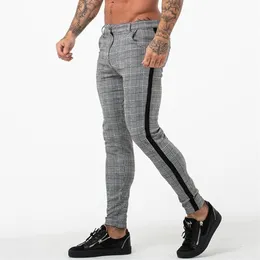 Calça jogger masculina cinza xadrez chinos calças skinny para homens listra lateral elástico encaixe atlético corpo building241c