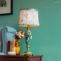 Bordslampor Europeiska målade blommhartsgrön American Classic Rural Dimmer Switch Fabric Lamp för BedsideFoyerStudio FDB005