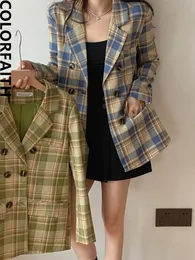 Womens Suits Blazers Colorfaith JK6100 Oversized Plaid Buttons Pockets Jackets Notched Vintage Checkered Spring AutumnTops 230904