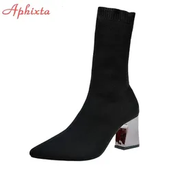 Stövlar Aphixta Metal Color 7cm Square Heels Socks Boots Women Big Size 43 Stretch Fabric Elastic Pointed Toe Shoes Ankel Boot Woman 230901