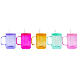 Armazém geléia colorida 17 onças em branco sublimação transparente transparente com alto teor de borosilicato canecas de café de campista de vidro colorido com tampas e canudos pp de plástico colorido