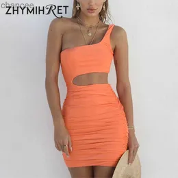 Grundläggande avslappnade klänningar Zhymihret Sexig en axel ruched Summer Dress for Women Hollow Out Midje Mini Dress Party Bodycon Robe Femme Bandage Vestido LST230904