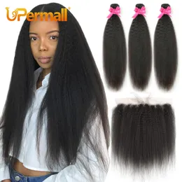 Synthetic Wigs Upermall 2/3/4 Kinky Straight Human Hair Bundles With Frontal Transparent 30Inch Brazilian Yaki Weave and 13x4 Lace Closure Soft 230901
