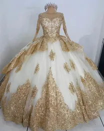 Şampanya Uzun Kollu Balo Balo Elbise Quinceanera Kızlar İçin Elbiseler Altın Sequins Aplike İnciler Doğum Günü Balo Partisi önlükleri Vestidos de Noiva