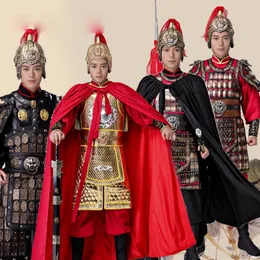 Han Tang Song Ming Dynasty Men Military Armor Ancient China Generals Costume Performance Outfit Black Red Golden Armor + Cloak