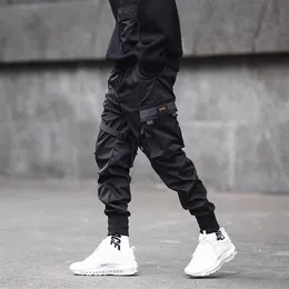 QNPQYX Новые мужские модные брюки с лентами, черные брюки-карго с карманами, шаровары для бега, спортивные штаны в стиле Харадзюку, брюки в стиле хип-хоп220K