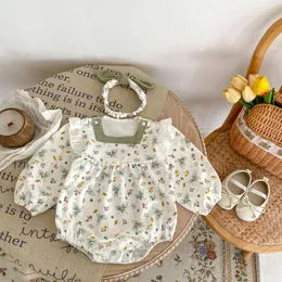 0-3 år barnkläder bladblomma tryck baby flickor bodysuits sommar bomull småbarn kläder tecknad unisex lång ärm med pannband 2598