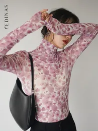 Koszulka damska Yedinas Floral Mesh Top Thirt Thirt Kobiet Kobiet Turtleeck See Through Tshirt Designer Y2K moda wiosenna jesienna koszulki 230901
