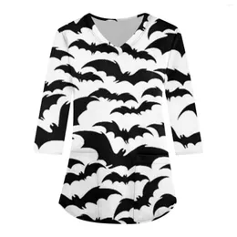 Camisas femininas soltas com decote em v bolso halloween impressão três quartos manga workwear traje superior para mulher blusa de mujer