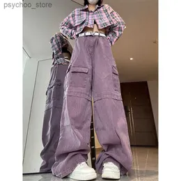 Damenjeans im amerikanischen Stil, Vintage-Stil, weiblich, Sommer, Baggy-Jeans, hohe Taille, lässig, lila Overalls, Wild-Look, dünn, gewaschen, trendige Hose mit weitem Bein, Q230904