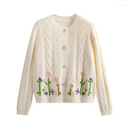 Cardigan tricoté Vintage pour femme, veste d'automne, pull ample, manteau, couleur unie, décontracté, fleurs brodées, vêtements d'extérieur, F27