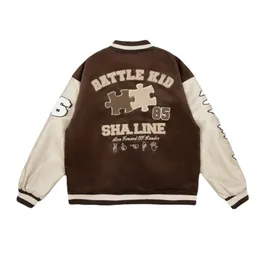 Jaquetas masculinas High Street Baseball Jacket Homens Mulheres Brown Patchwork Carta Reunindo Harajuku Casaco Unissex Causal Bomber Varsity Outwear 230901