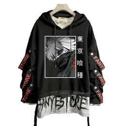 Sudaderas con capucha para hombres Sudaderas para hombres Sudaderas Anime Streetwear Sudadera Cintas Letra Imprimir Jersey Negro Tokyo Ghoul Sudaderas con capucha Y2k Patchwork Jerseys 230901