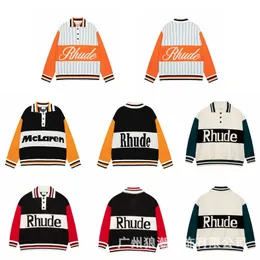 Ramerican Rh Tide Brand Letter Jacquard Patchwork Color Pullover Lapel Sweater Men's and Women's Casual Longleeved Seater
