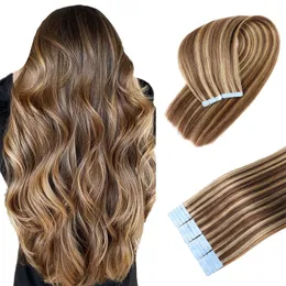 Ali Magic Tape In Hair Extensions Human Hair Color Dark Brown #4 Highlights #27 Strawberry Blonde Real Human Hair Extensions Tape In Silky Straight P4 27