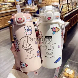 Cups Dishes Utensils 500ml350ml Cute Water Bottle Thermos Cup Portable Kawaii Thermos Bottle with Straw and Stickers Kid Stainless Steel Thermal Mug x0904