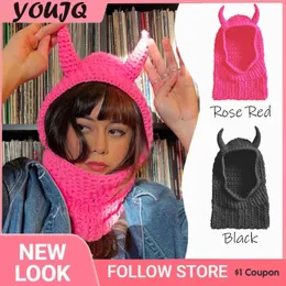 Beanie/Skull Caps Y2K Party Funny Novely Horn Hat Fashion Wool Cartoon Pink Knit Hat Devil's Horn Balaclava Beanie 230904