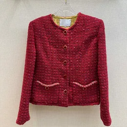 2023 Autumn Red Solid Kolor panel Tweed Kurtka Długie rękaw okrągła szyja podwójne kieszenie na pojedyncze kurtki Krótka warstwa zniszczona Z3S010618