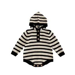 Sonbahar yeni şerit bebek giysileri pamuk kazak tulum bebek bebek örgü uzun kollu romper şapka ile 2575
