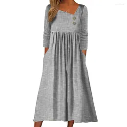 Casual Dresses Midi Dress Women Autumn Skew Collar 3/4 Sleeve Striped Print Pockets Buttons Decor Loose Hem Vestidos Para Mujer