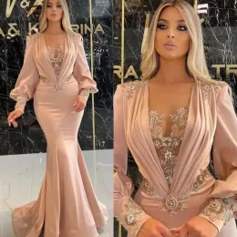 Elegant Pink Satin Mermaid Evening Dresses Deep V Neck Crystal Beading Long Sleeve Prom Gowns Custom Made Plus Size Pageant Party Wear